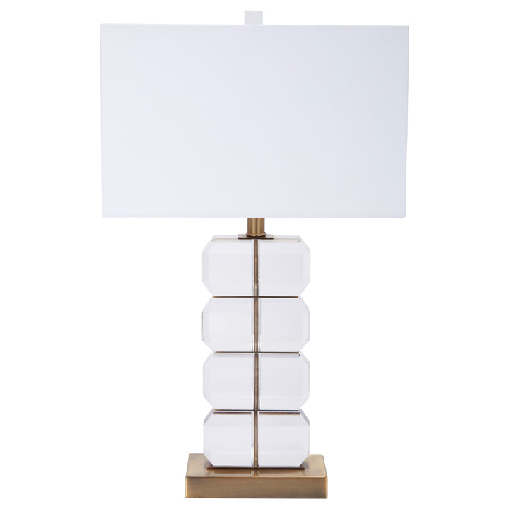 Elegant Bishop table lamp featuring stacked crystal design with a white shade, perfect for bedrooms, living rooms, or office spaces.