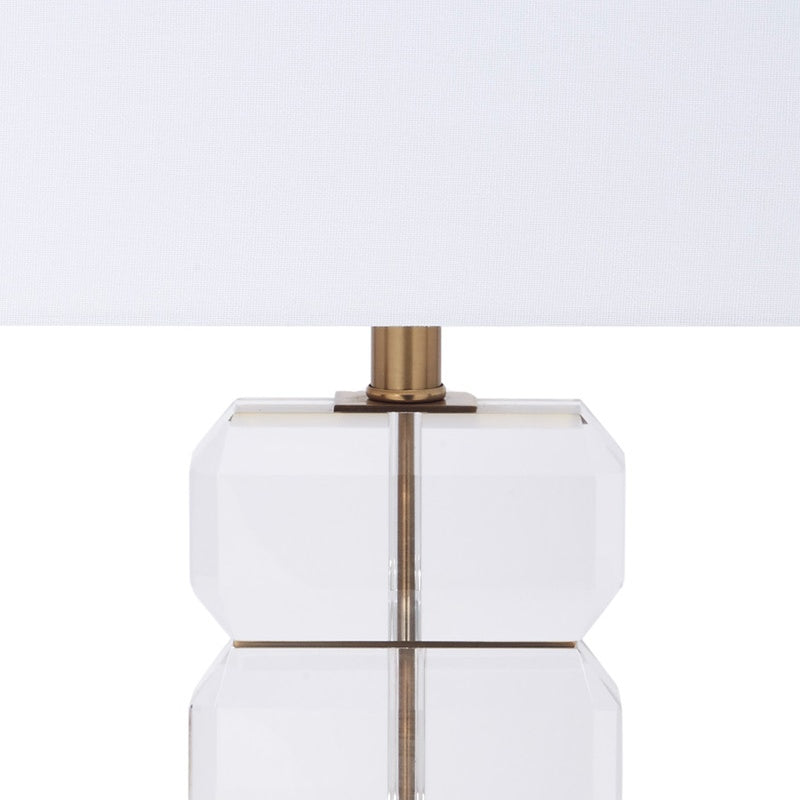Bishop stacked crystal table lamp with white shade and brass center rod (close-up)