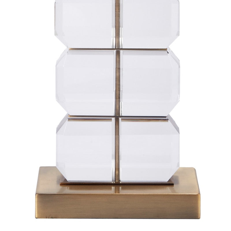 Bishop stacked crystal table lamp with white shade, brass base and center support