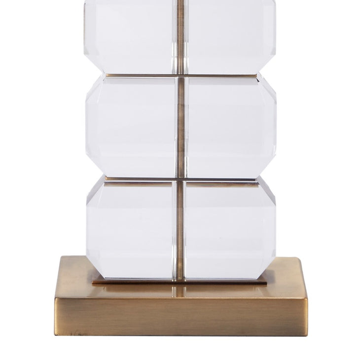 Bishop stacked crystal table lamp with white shade, brass base and center support