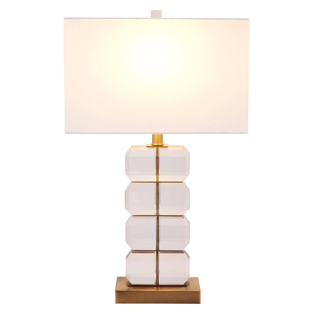 Stylish stacked crystal Bishop table lamp with white shade, adding a touch of luxury and sophistication to any room.
