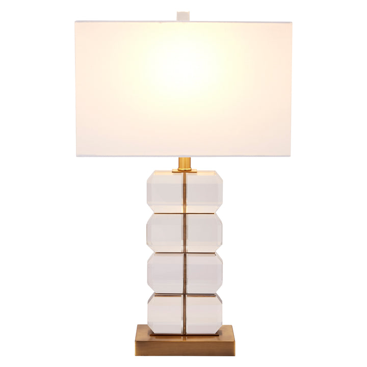 Stylish stacked crystal Bishop table lamp with white shade, adding a touch of luxury and sophistication to any room.