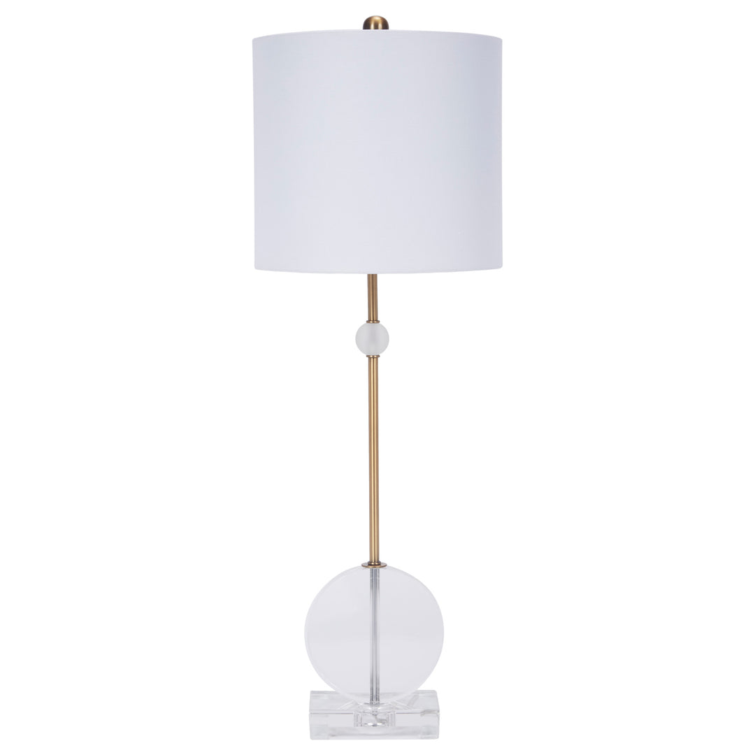 Elegant Brady buffet lamp featuring a crystal and brass base with a white shade, perfect for living rooms, bedrooms, or hallways.