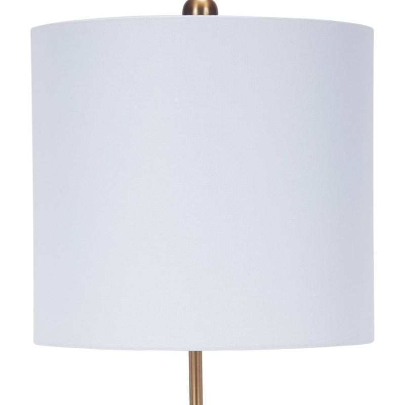 White drum shade table lamp with brass stem