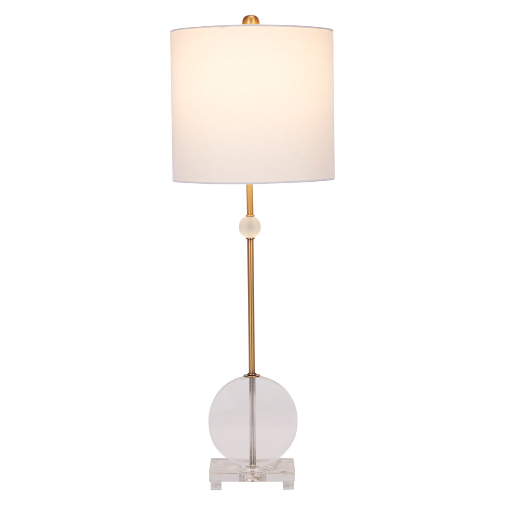 Stylish Brady crystal and brass buffet lamp with white shade, adding a touch of luxury and modern elegance to any space.