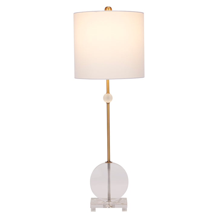 Stylish Brady crystal and brass buffet lamp with white shade, adding a touch of luxury and modern elegance to any space.