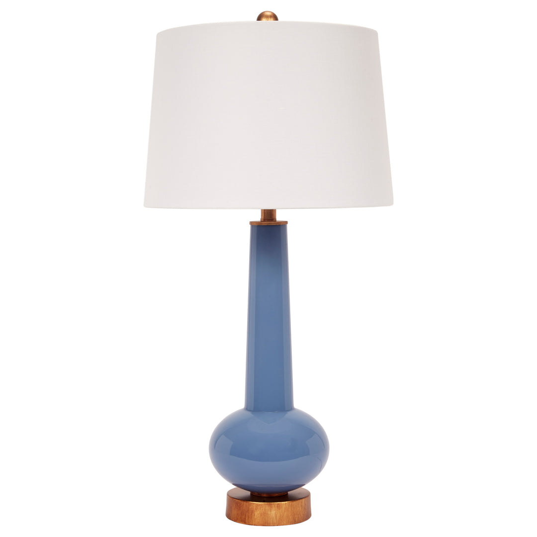 Blue ceramic buffet lamp with white linen drum shade and brass base