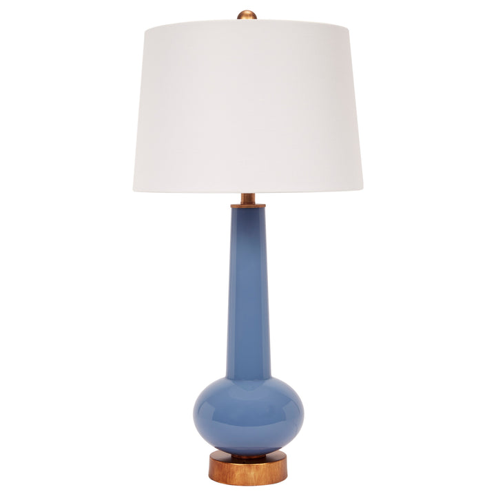 Blue ceramic buffet lamp with white linen drum shade and brass base