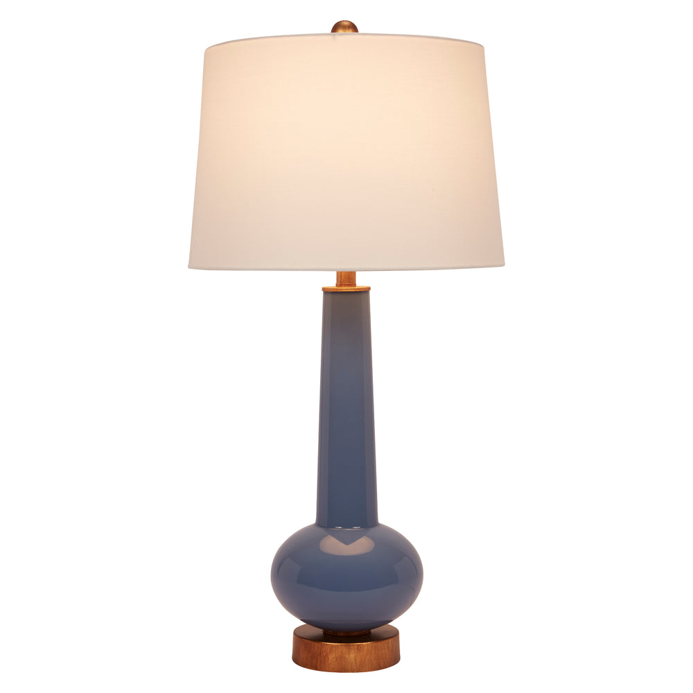 Blue ceramic buffet lamp with cream linen drum shade and brass base