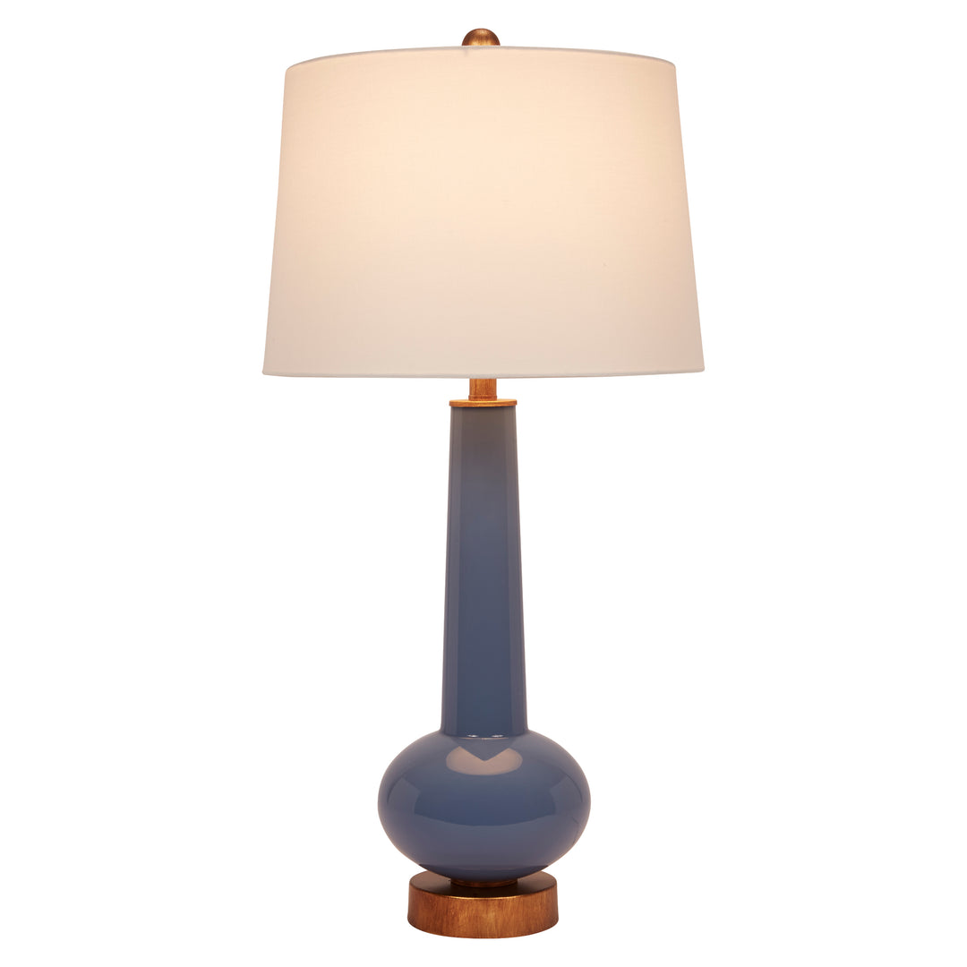 Blue ceramic buffet lamp with cream linen drum shade and brass base