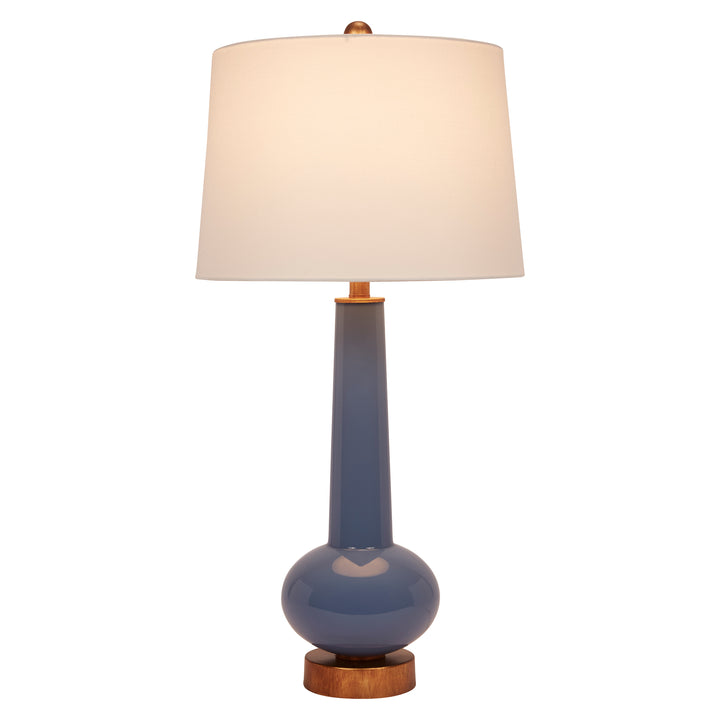 Blue ceramic buffet lamp with cream linen drum shade and brass base