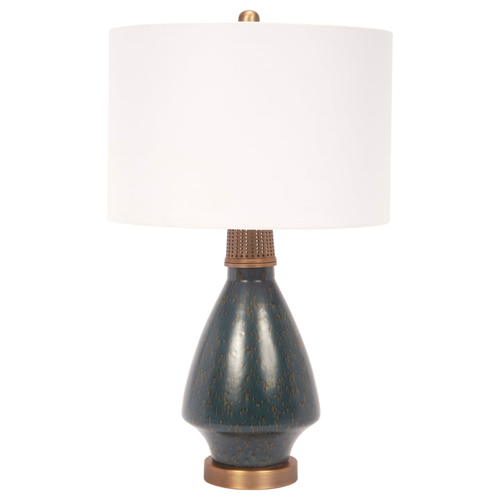 Elegant Waylon dark green ceramic table lamp featuring brass details, perfect for living rooms, bedrooms, or office spaces.