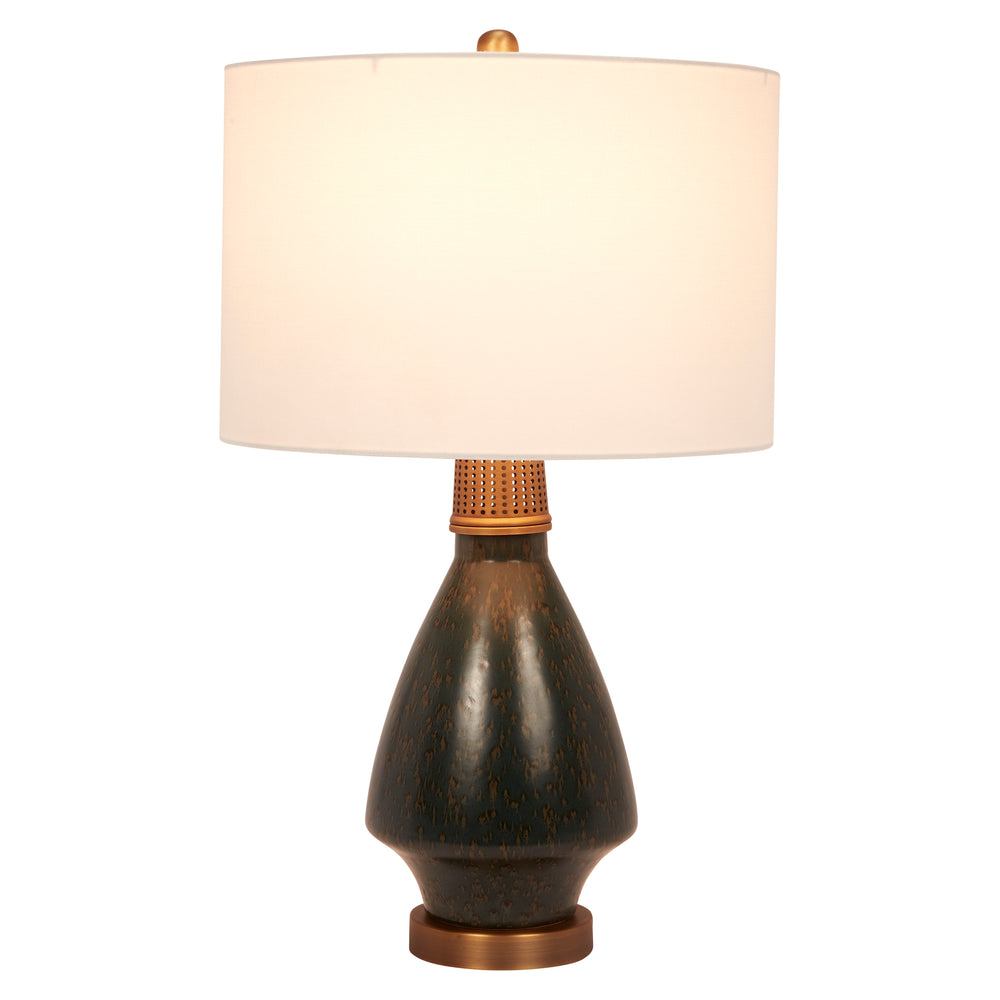 Stylish Waylon dark green ceramic table lamp with brass accents, adding a touch of luxury and modern charm to any space.