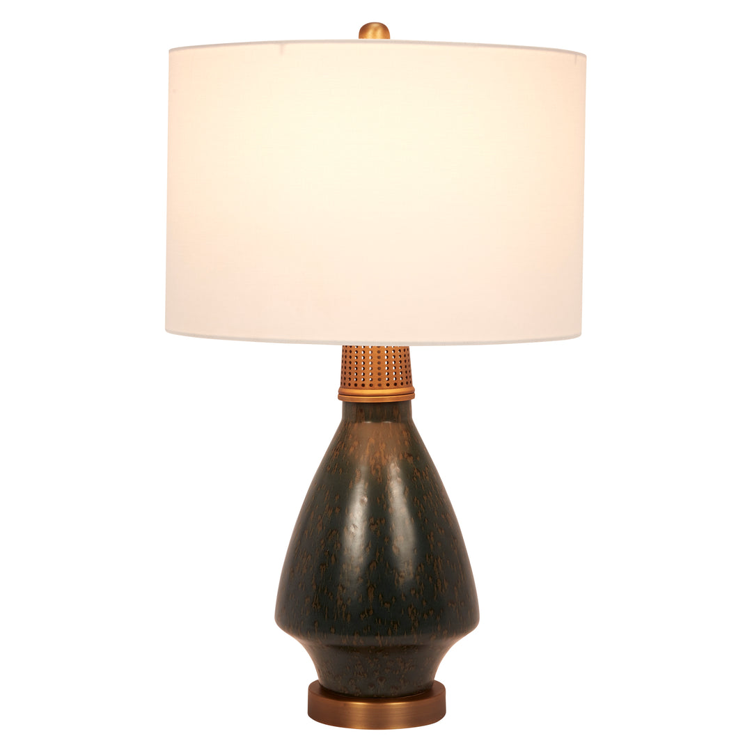 Stylish Waylon dark green ceramic table lamp with brass accents, adding a touch of luxury and modern charm to any space.