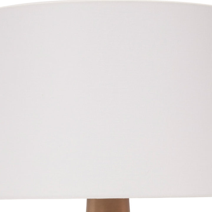 Peacock green ceramic lamp with brass accents and white lampshade top