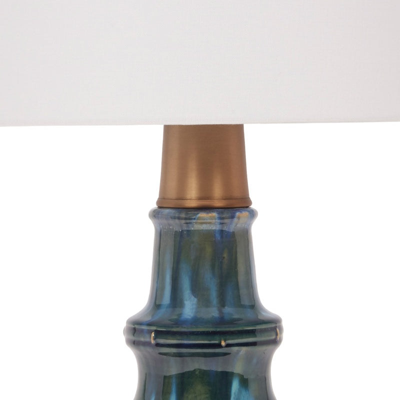 Peacock green ceramic lamp with brass accents, tapered neck and blue-green body
