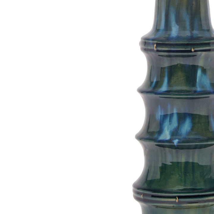 Peacock green ceramic lamp body with glossy blue-green glaze and brass trim rings