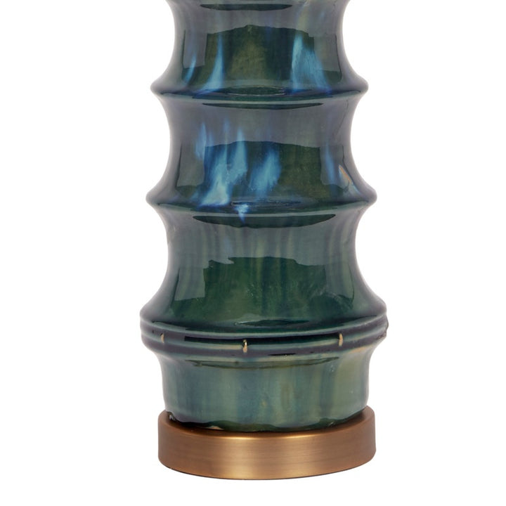 Peacock green ceramic lamp with blue-green glaze and brass base cap