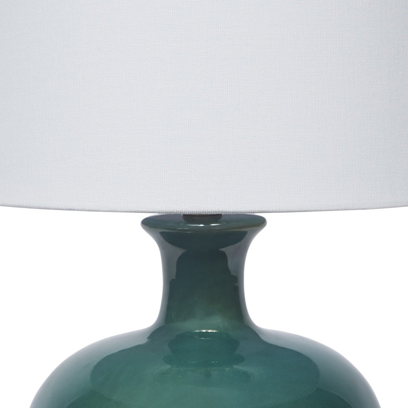 Dark green ceramic table lamp with white drum shade