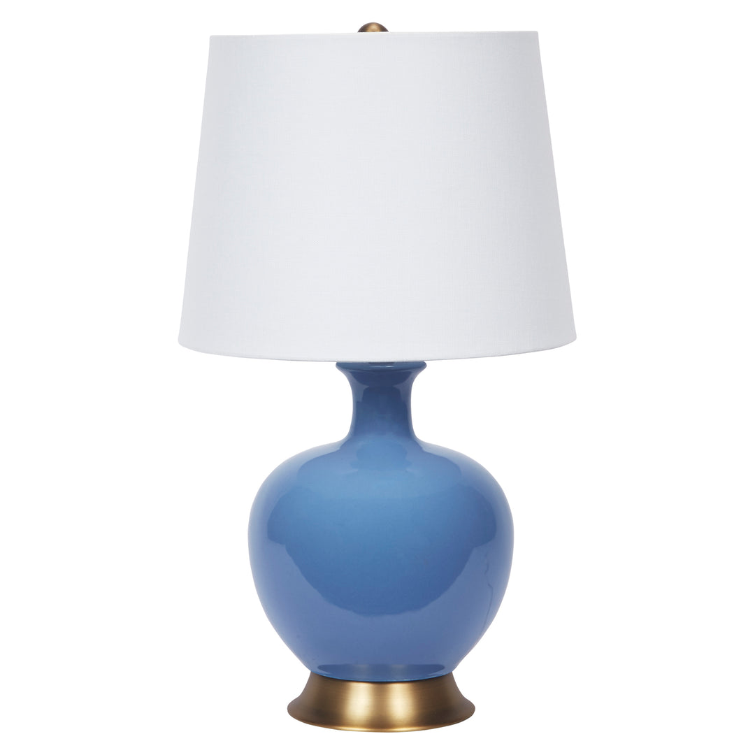Elegant French blue ceramic table lamp with a crisp white linen shade, ideal for modern or coastal interiors.