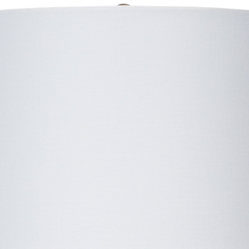 Lavender ceramic table lamp with white fabric shade and brass-toned neck