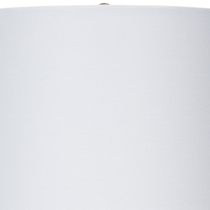 Lavender ceramic table lamp with white fabric shade and brass-toned neck