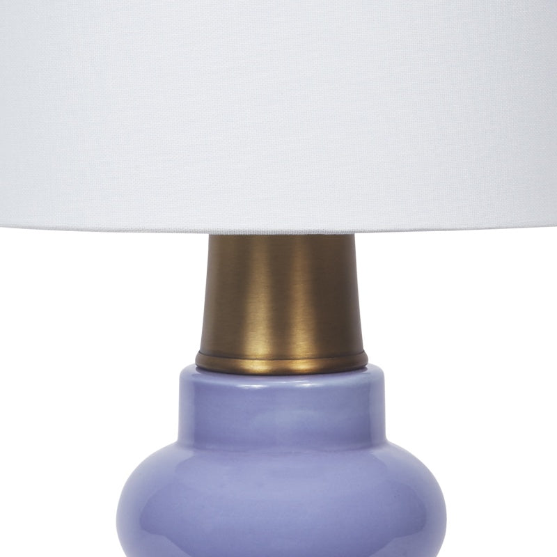 Lavender ceramic table lamp with white fabric shade and brass-toned finial
