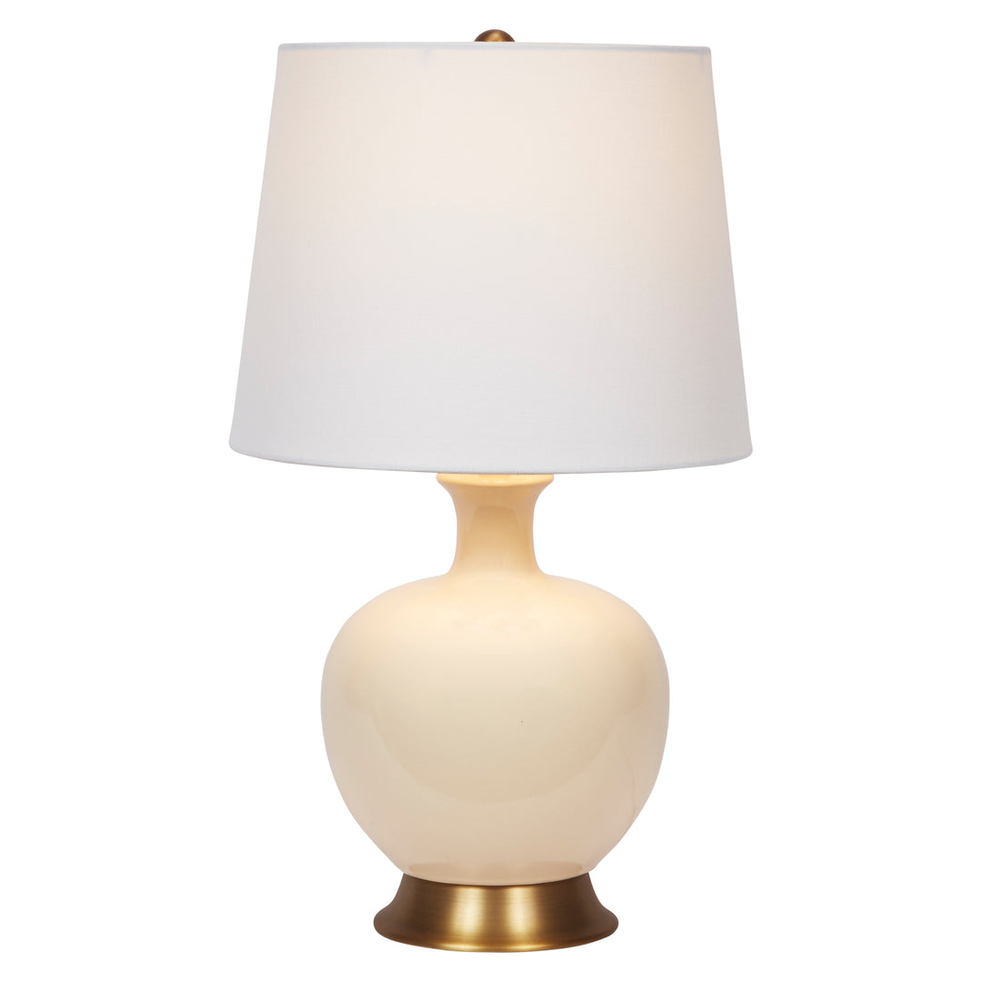 Chic cream ceramic lamp with a white linen shade, bringing warmth and timeless elegance to any room décor.