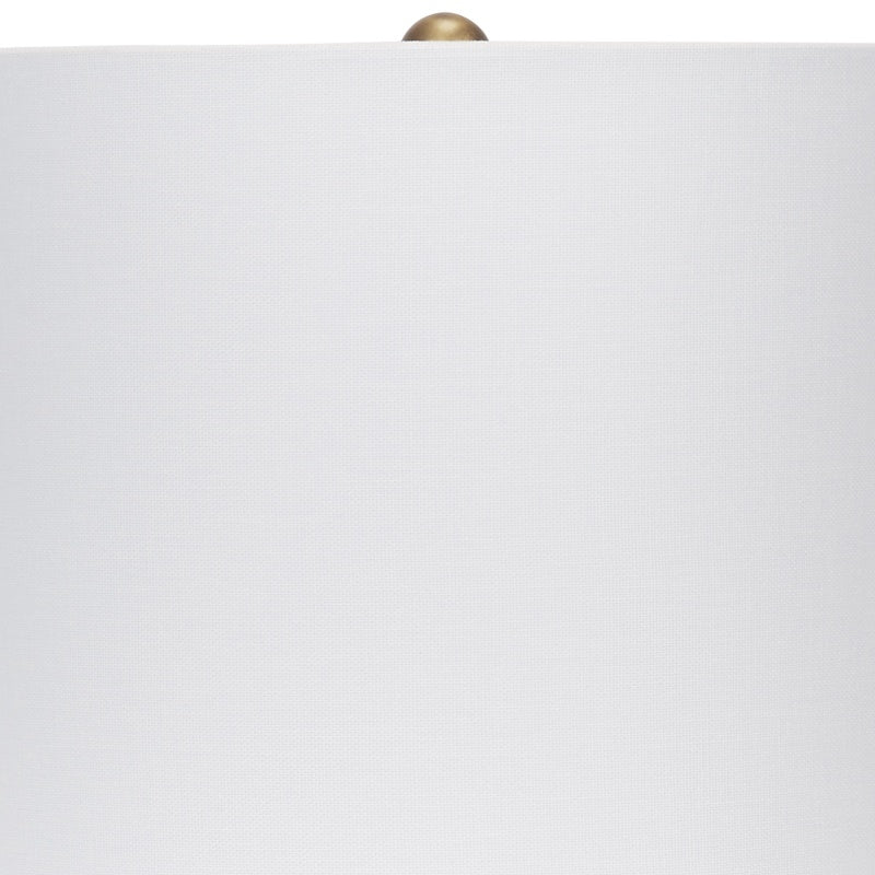 White fabric lampshade with brass collar on a red ceramic mini lamp