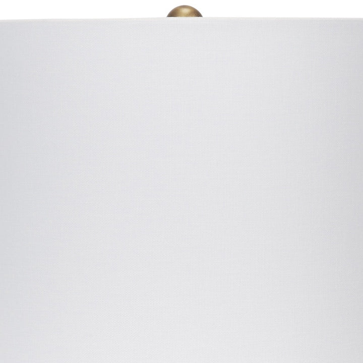 White fabric lampshade with brass collar on a red ceramic mini lamp