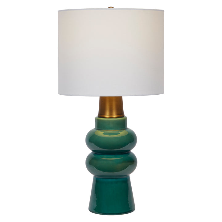 Rich forest green ceramic Rhodes lamp, bringing depth and sophistication to any living or bedroom space.
