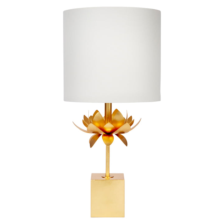 Gold leaf table lamp with white linen shade and gold lotus-style finial