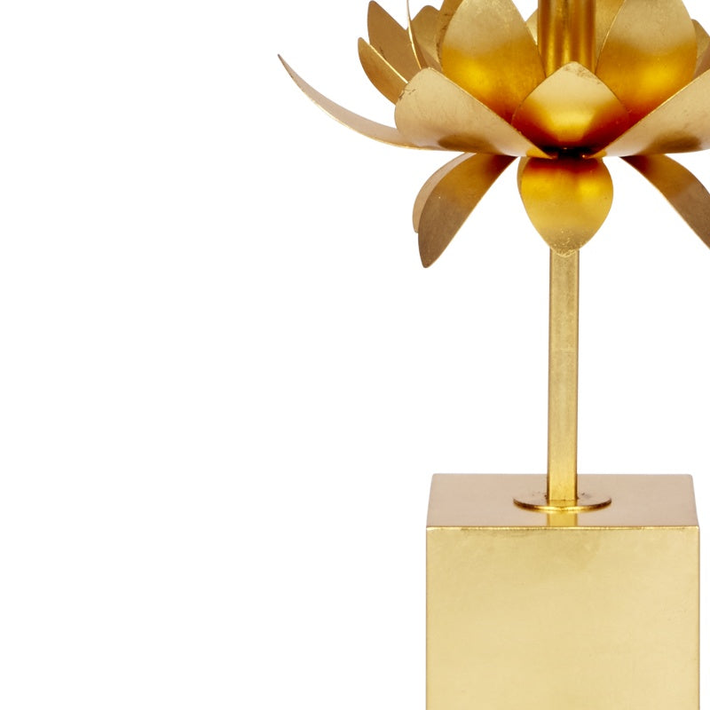 Gold lotus flower lamp base with white linen shade and gold square pedestal