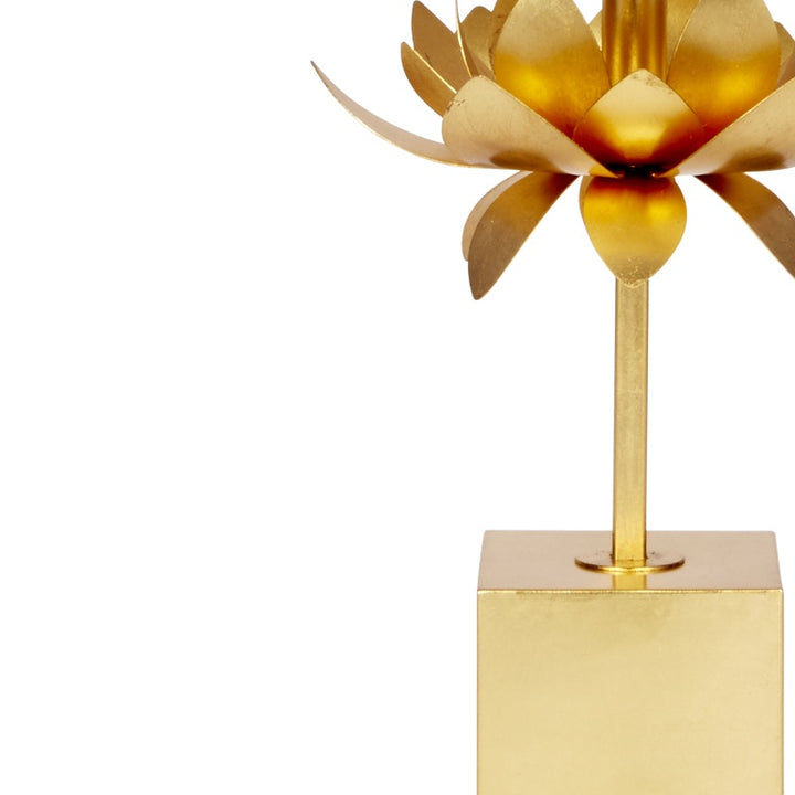 Gold lotus flower lamp base with white linen shade and gold square pedestal