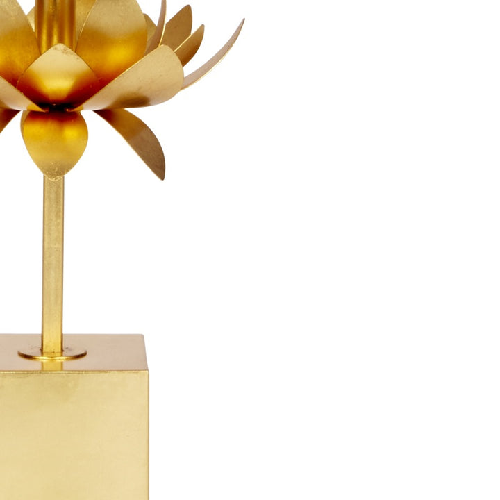 Gold lamp pedestal with gold stem and lotus finial detail