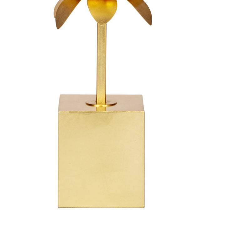 Gold square pedestal table lamp with gold stem and partial lotus finial