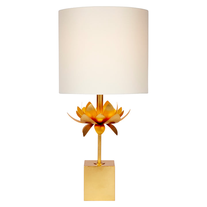 Gold leaf table lamp with white linen shade and gold lotus flower base