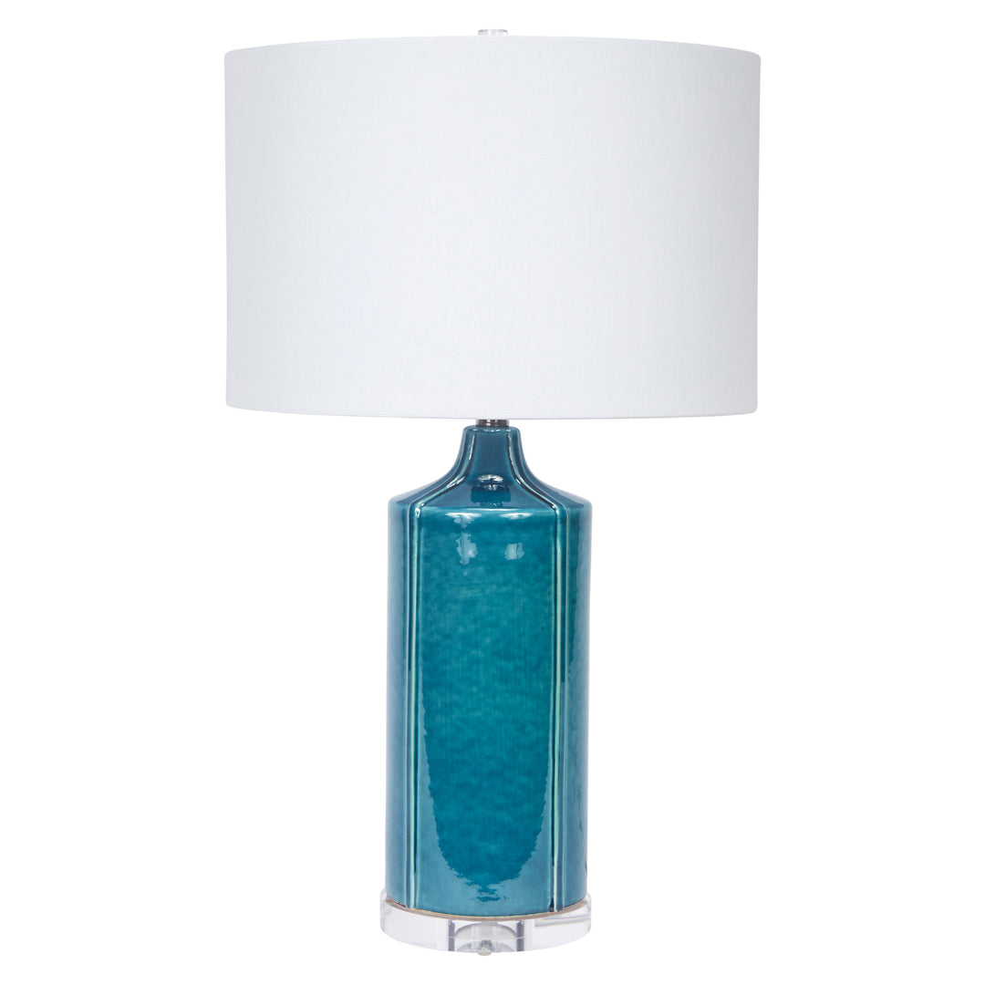 Modern teal ceramic table lamp with a crisp white linen shade, perfect for living rooms or bedrooms.