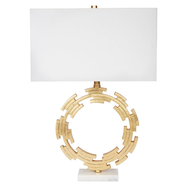 Elegant Gold Leaf metal Lori table lamp featuring a crisp white shade, perfect for living rooms, bedrooms, or office décor.