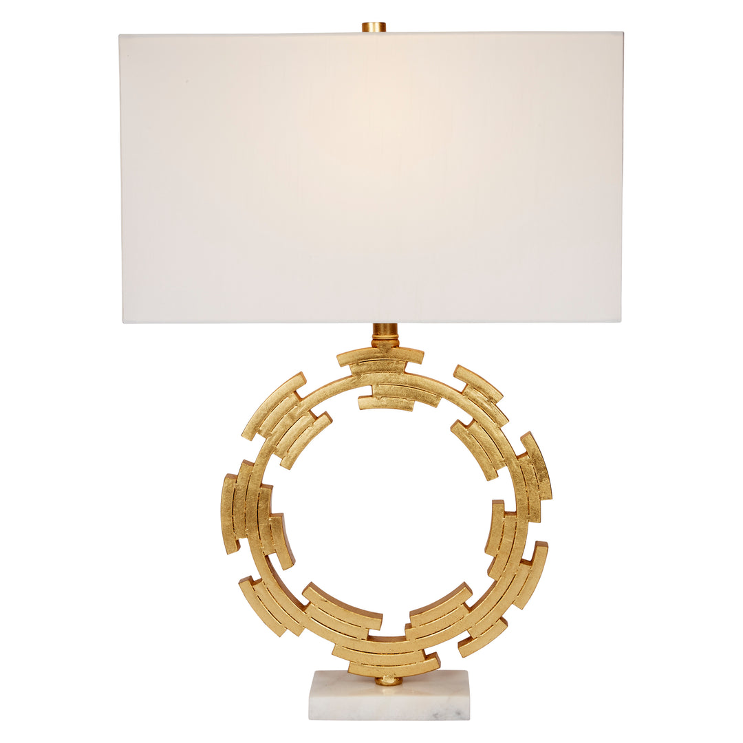 Stylish Lori table lamp with gold leaf metal base and white shade, adding a touch of modern elegance and luxury to any space.
