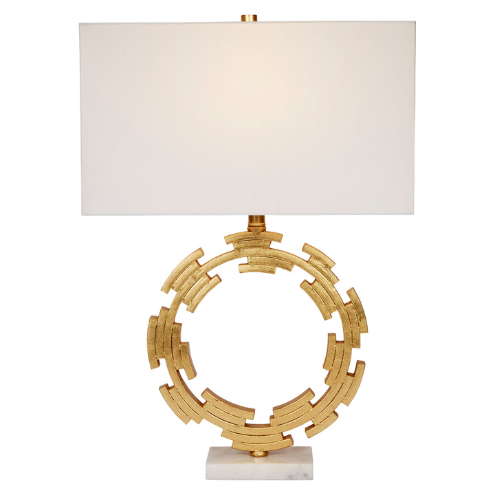 Stylish Lori table lamp with gold leaf metal base and white shade, adding a touch of modern elegance and luxury to any space.