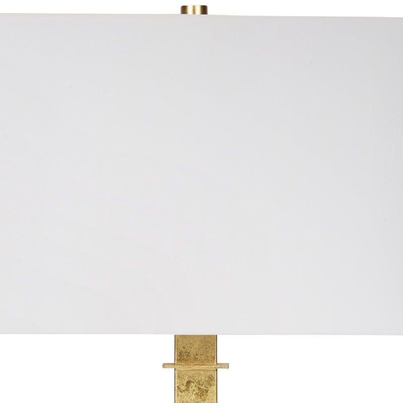 Gold faith lamp with white square shade and gold leaf cross detail