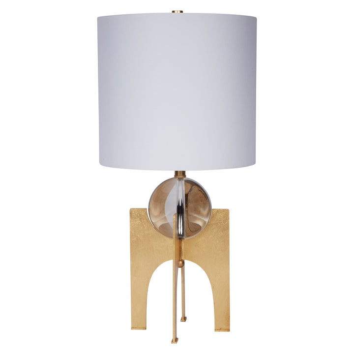 Gold crystal ball and gold leaf stand lamp with white drum shade