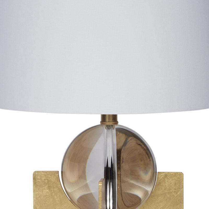 Gold stand lamp top with clear crystal sphere and brass stem