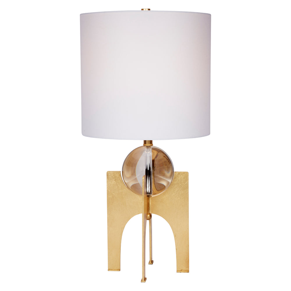 Gold crystal ball stand lamp with white drum shade and arched gold leaf base