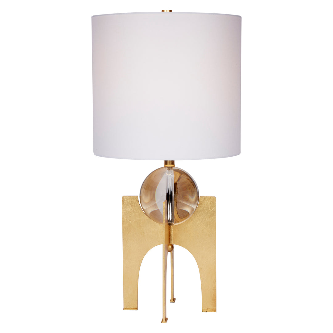 Gold crystal ball stand lamp with white drum shade and arched gold leaf base