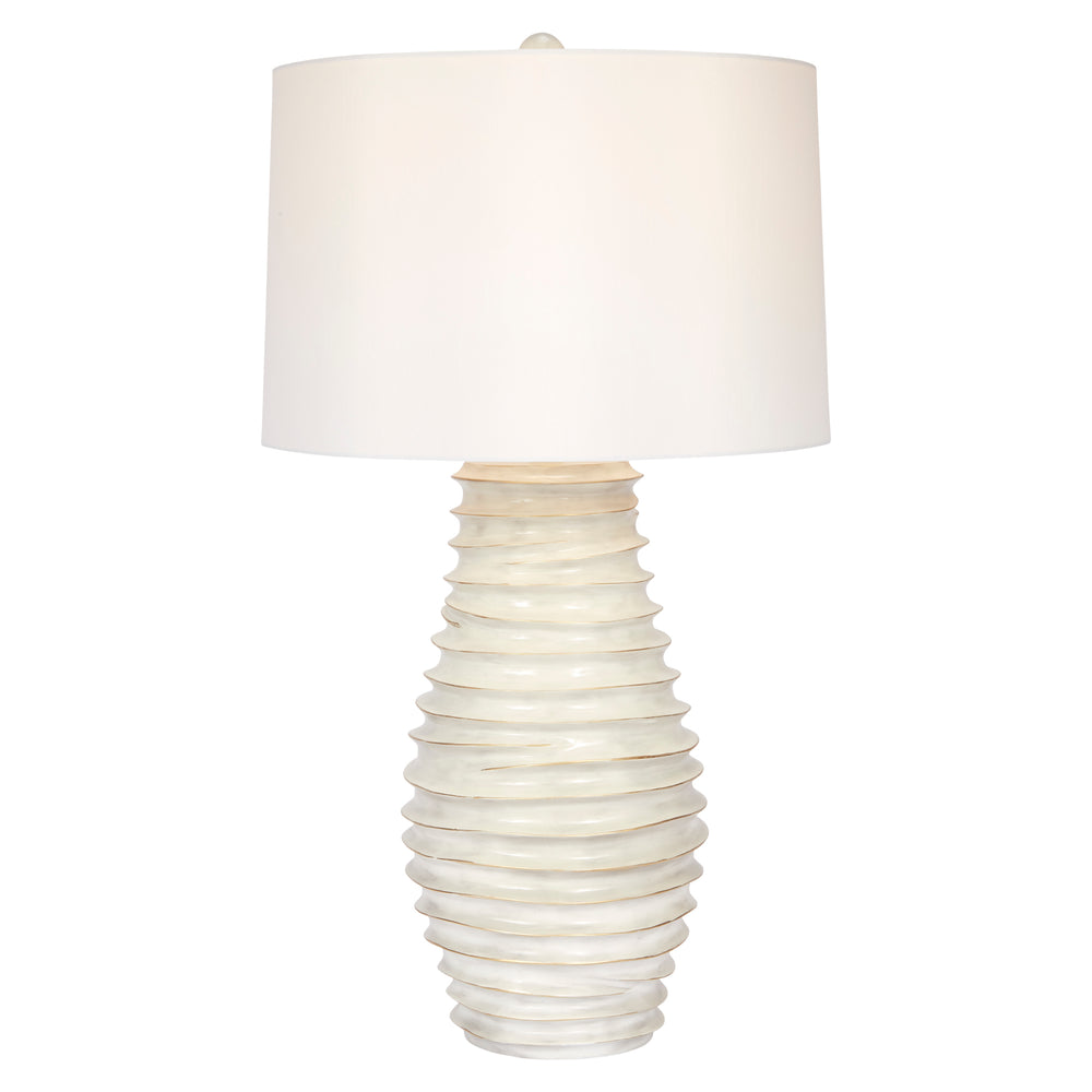 Sophisticated cream and gold-washed lamp with a soft white linen shade, adding warmth and elegance to any room.