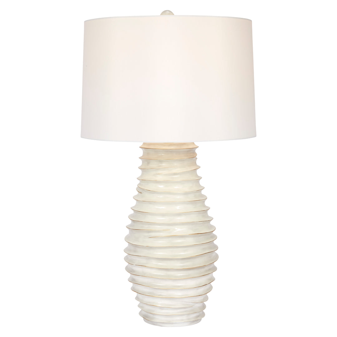 Sophisticated cream and gold-washed lamp with a soft white linen shade, adding warmth and elegance to any room.