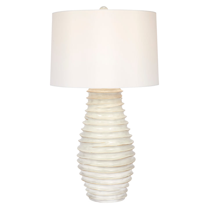 Sophisticated cream and gold-washed lamp with a soft white linen shade, adding warmth and elegance to any room.