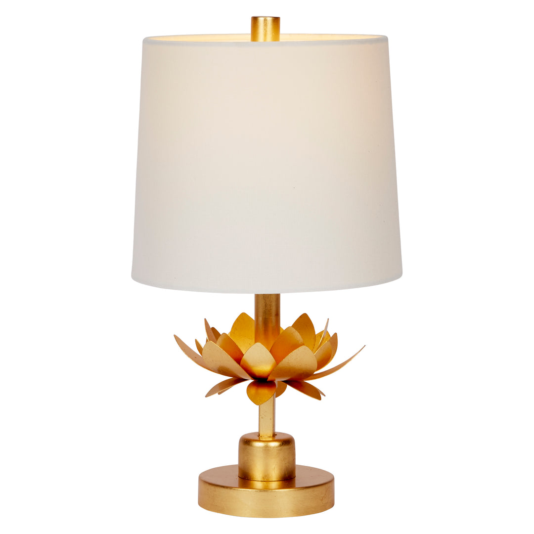 Table lamp with white shade and gold base on a white background